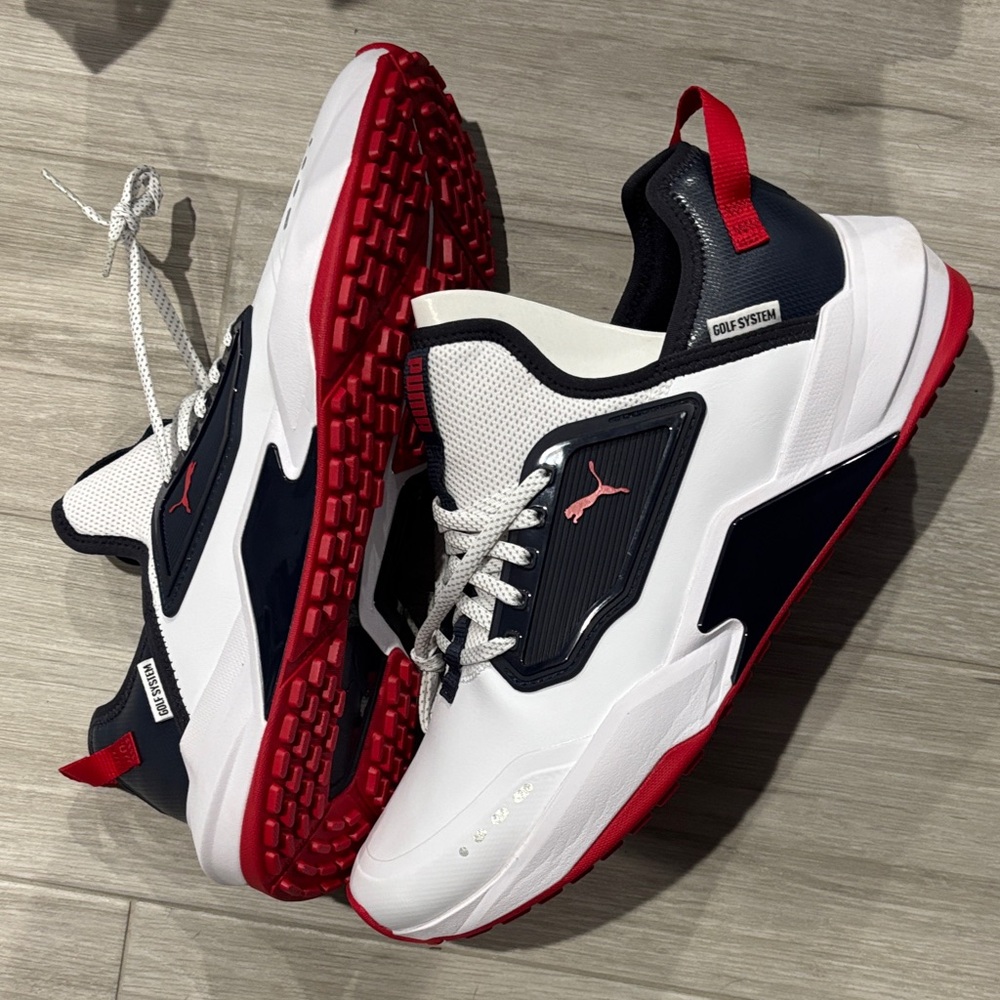 Puma Golf White and Navy Sneakers with Red Soles